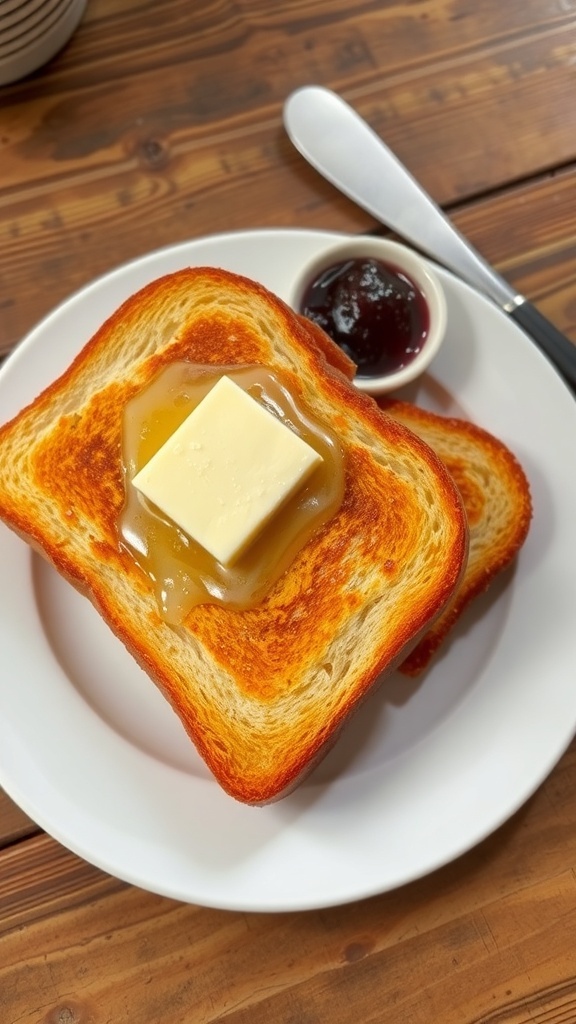 Classic Buttered Toast Recipe A plate of crispy buttered toast with melting butter and a dish of jam on a wooden table.